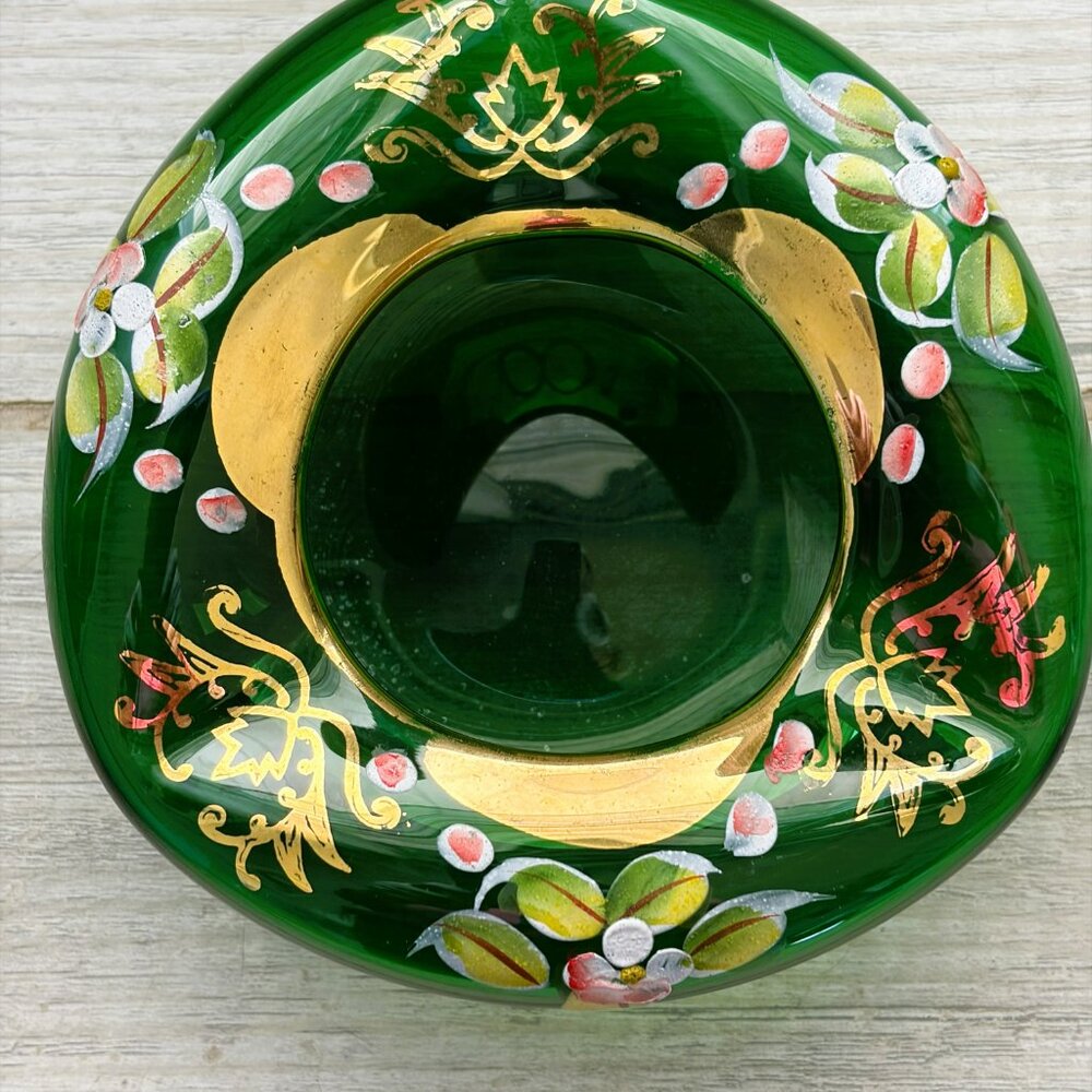 Vintage Trinket Dish/Ashtray Czech Blown Glass Green Hand painted Flowers - Picture 2 of 4